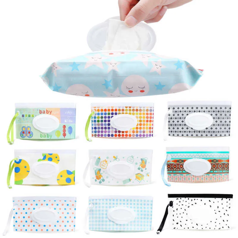 Tissue Boxes Napkins EVA Baby Wet Wipe Pouch Cute SnapStrap Refillable Wet Wipes Bag Flip Cover Tissue Box Outdoor Useful Baby Stroller Accessory Z0505