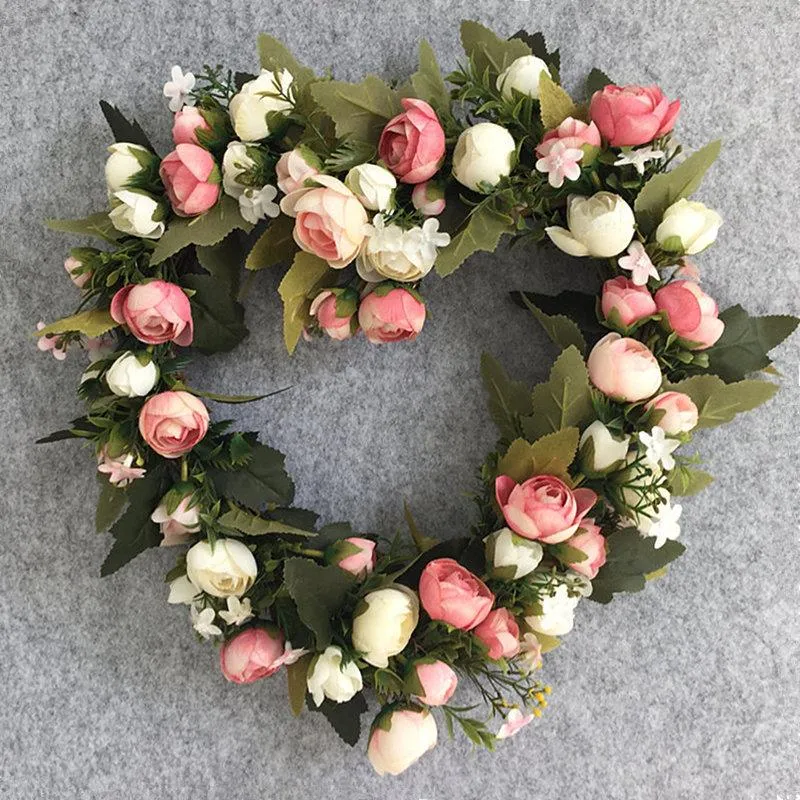 Decorative Flowers Artificial Silk Rose Heart Shaped Wreath Wedding House Decoration Door Ring Cloth Flower Festival