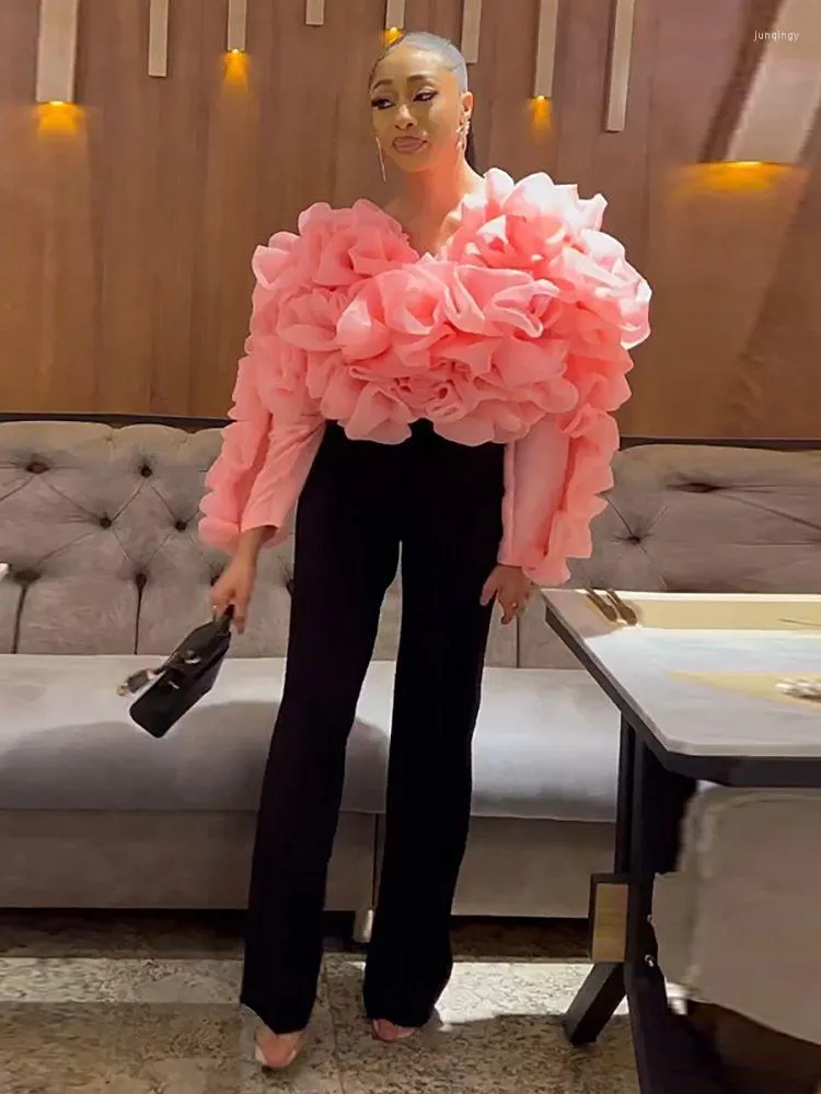 Women's Pink Organza Puffy Petal Long Sleeve Crop Top Blouse Elegant Club  Party Night Out Evening Outfit