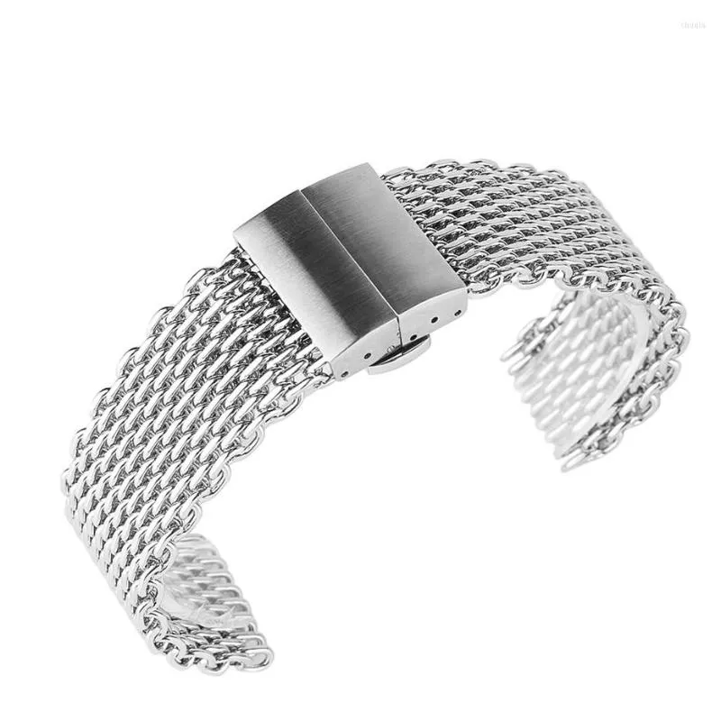 Titta på band 22mm Silver Mesh Rostfritt stål Watchband Hidden Butterfly Buckle Men Kvinnor Watches Strap Fashion Replacement Armband