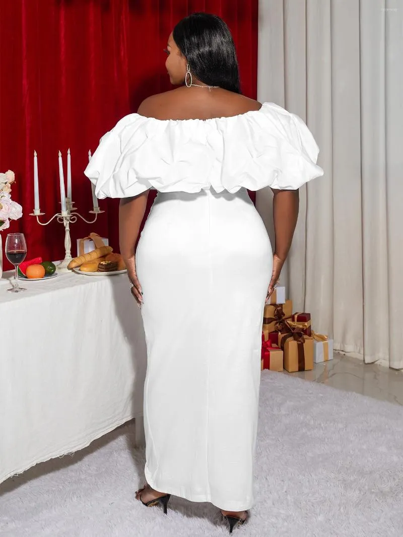 AOMEI Womens White Off Shoulder Ruffled Party Dress With Sleeves