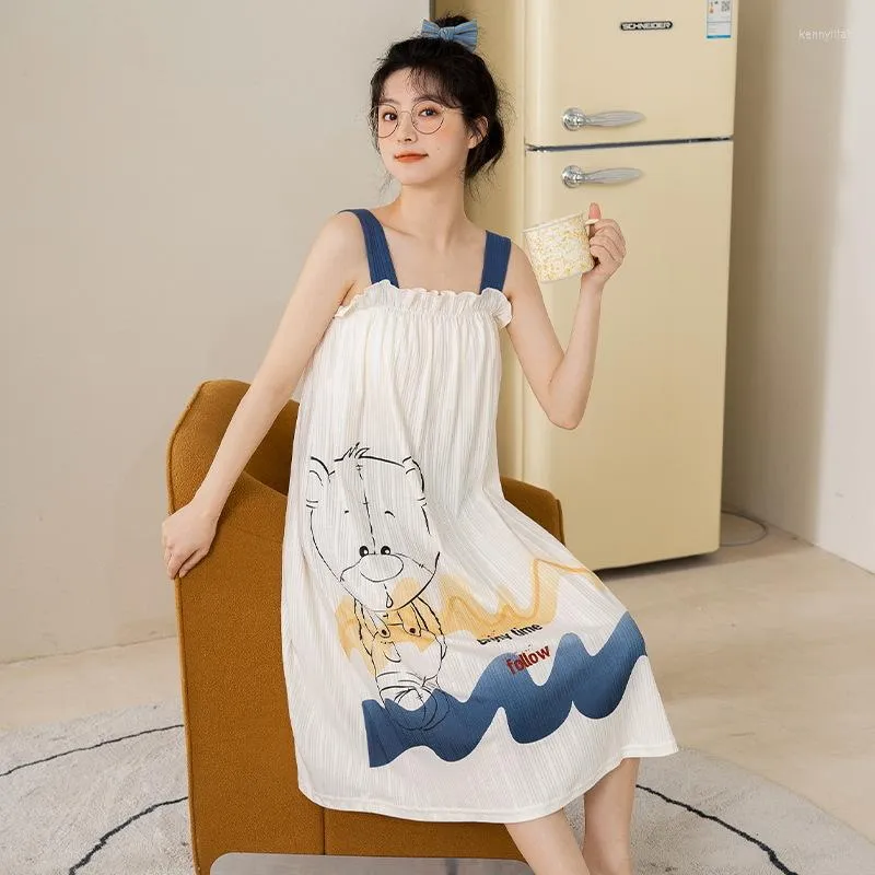 Men's Sleepwear Summer Cool Thin Pajamas Dress Women Cute Bear Cartoon Over The Knees Household Causal Knitting Cotton Female Nightdress