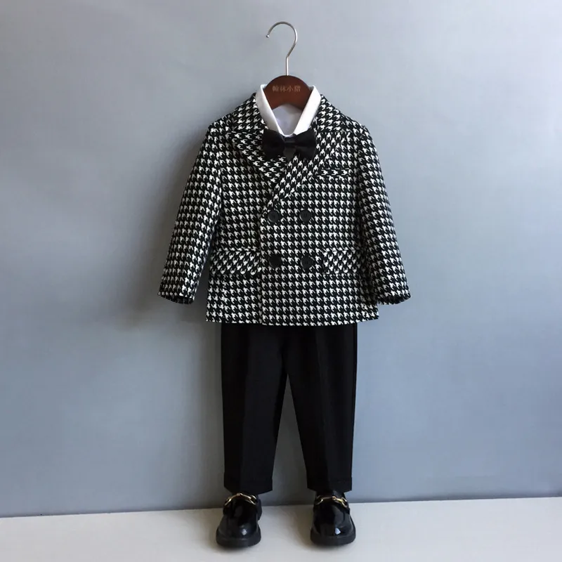 Suits Children's Houndstooth Formal Suit Set Boys Wedding Birthday Party Performance Costume Kids Double Breasted Blazer Pants Clothes 230504