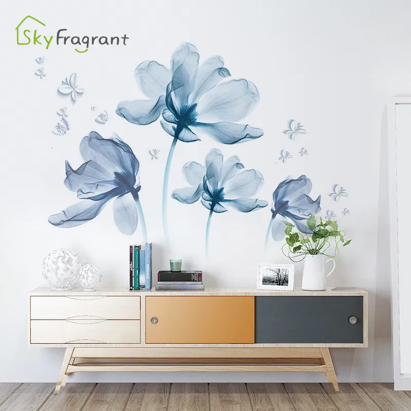 Sfondi Romantici Fiori blu Adesivo murale Soggiorno Decorazioni per la camera da letto Sfondo per la casa Decorazioni per pareti Adesivi autoadesivi Decorazione per la stanza 230505