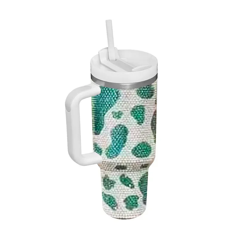 Colorful Diamond Cow Water Bottle Insulated Cup Bling Rhinestone Stainless Steel 40oz handle Tumbler with lid and straw bb0429