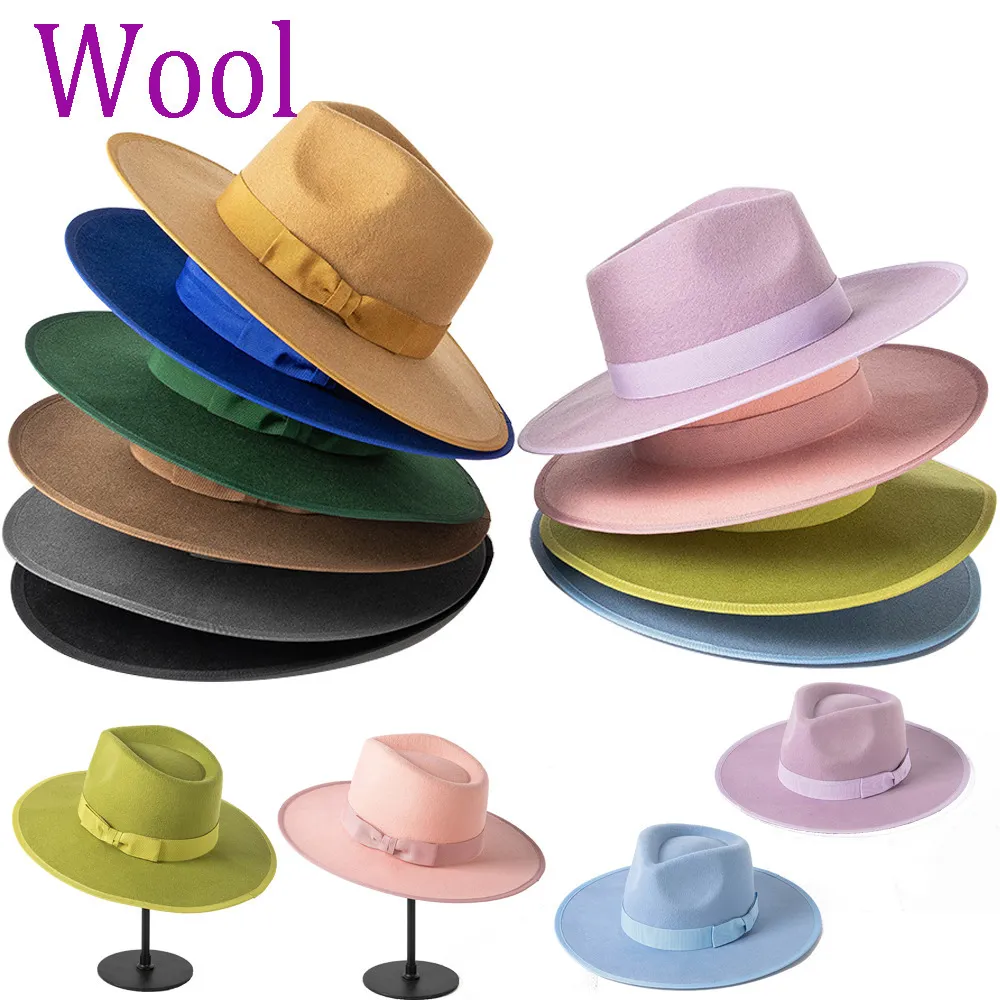 Wide Brim Hats Bucket Wool Fedora Lotus Pink Winter Jazz 9cm brim Mens and Womens Green 230504