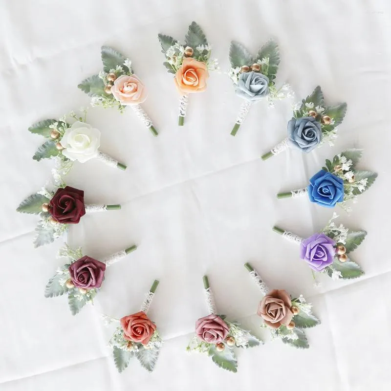 Flores decorativas 3pcs Corsage de casamento Bride Boutonniere Flor Artificial Flores dama de honra PE Broche masculino Sapro de lapela Pin Festa de férias Prop