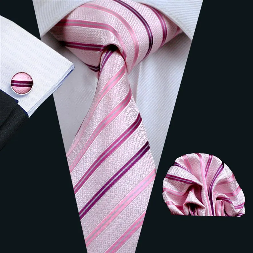 ピンクのストライプシルクタイセットハンキーカフリンクスメンズネクタイジャック織り織りビジネスカジュアルセットフォーマルネクタイn-0228196b