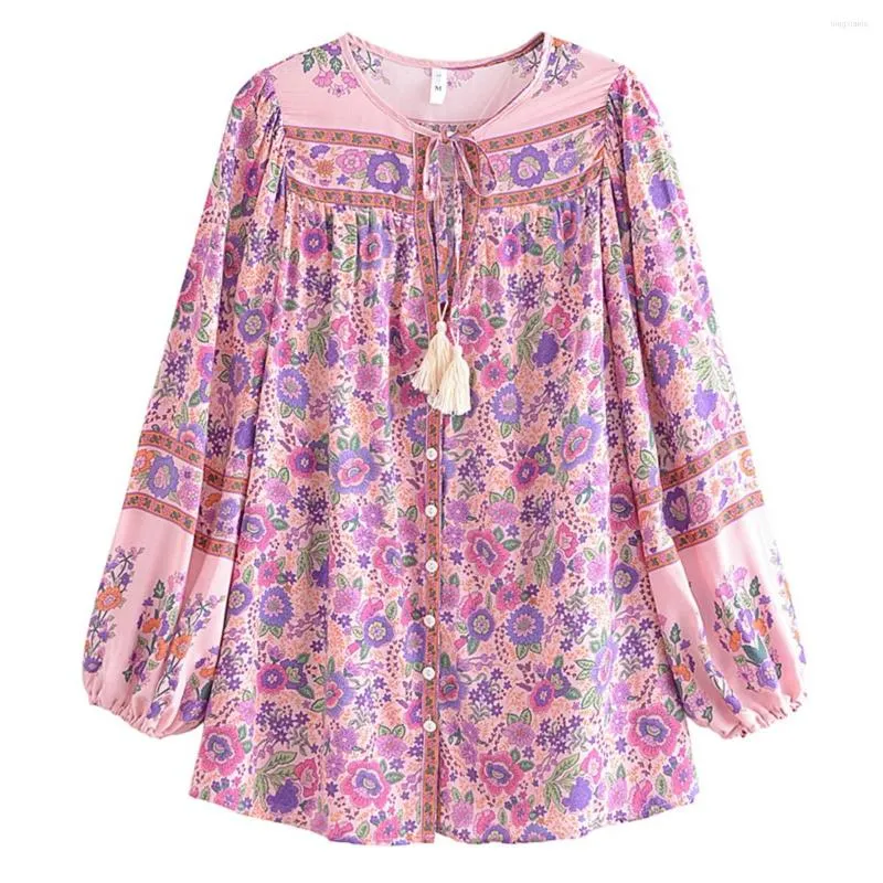 البلوزات النسائية رايون قمصان الشاطئ البوهيمية بلوساس الأزهار المطبوعة V-neac Long Sleeve Tassel Boho Bluse Button Ladies