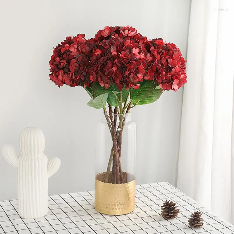 Decoratieve bloemen Rode Hydrangea Kunstmatige zijde voor thuisdecoratie Wedding Bouquet Bruid Fake Flower Faux woonkamer