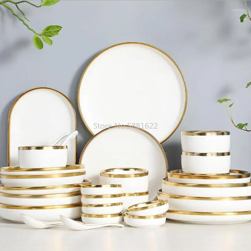 Placas Bold aro dourado Placa de jantar de porcelana branca Conjunto de placas de mesa de mesa de mesa de mesa de mesa Rice Salada Macarrão Toqueiro de caneca de tigela