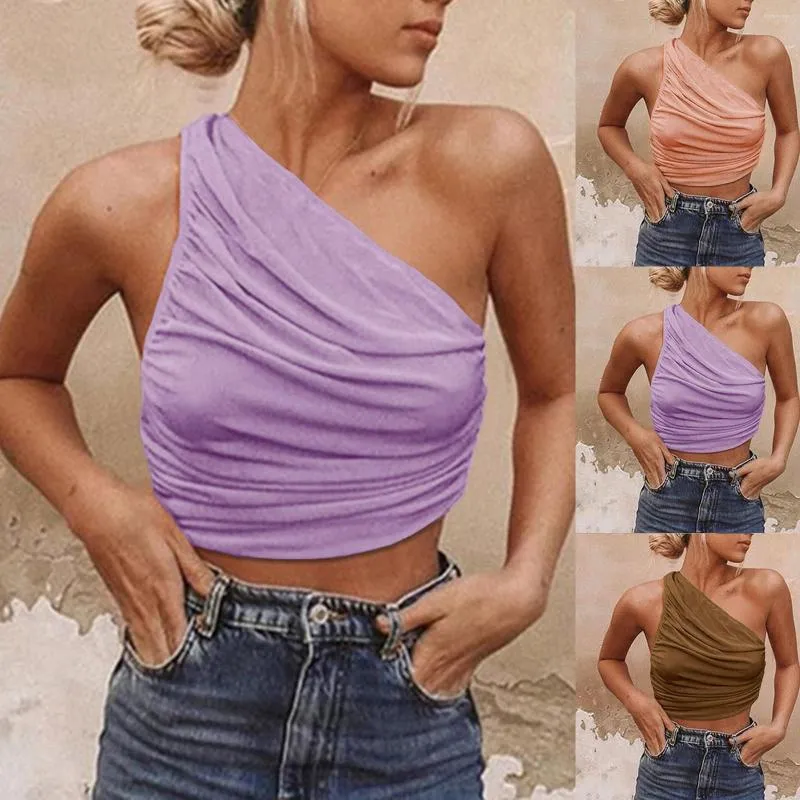 Blouses pour femmes Sexy une épaule couleur unie mince plissé court maillot de corps femme 2023 soutien-gorge Camisole 3d impression hauts pour les femmes 4 recadrée