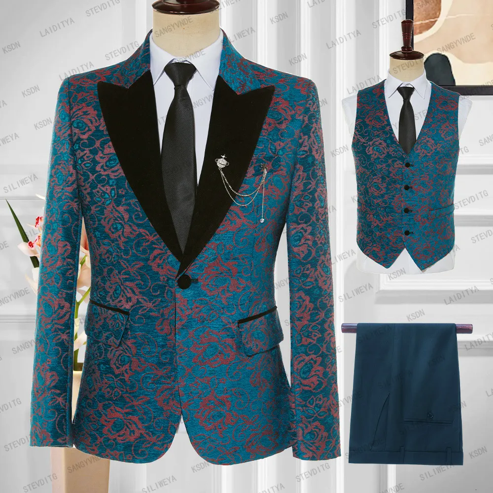 Men's Suits Blazers New Costume Homme Luxury Party Men's Suit Blue Red Jacquard Black Velvet Lapel Slim Fit Tuxedo 3 Pcs SetJacket Pants Vest 230505