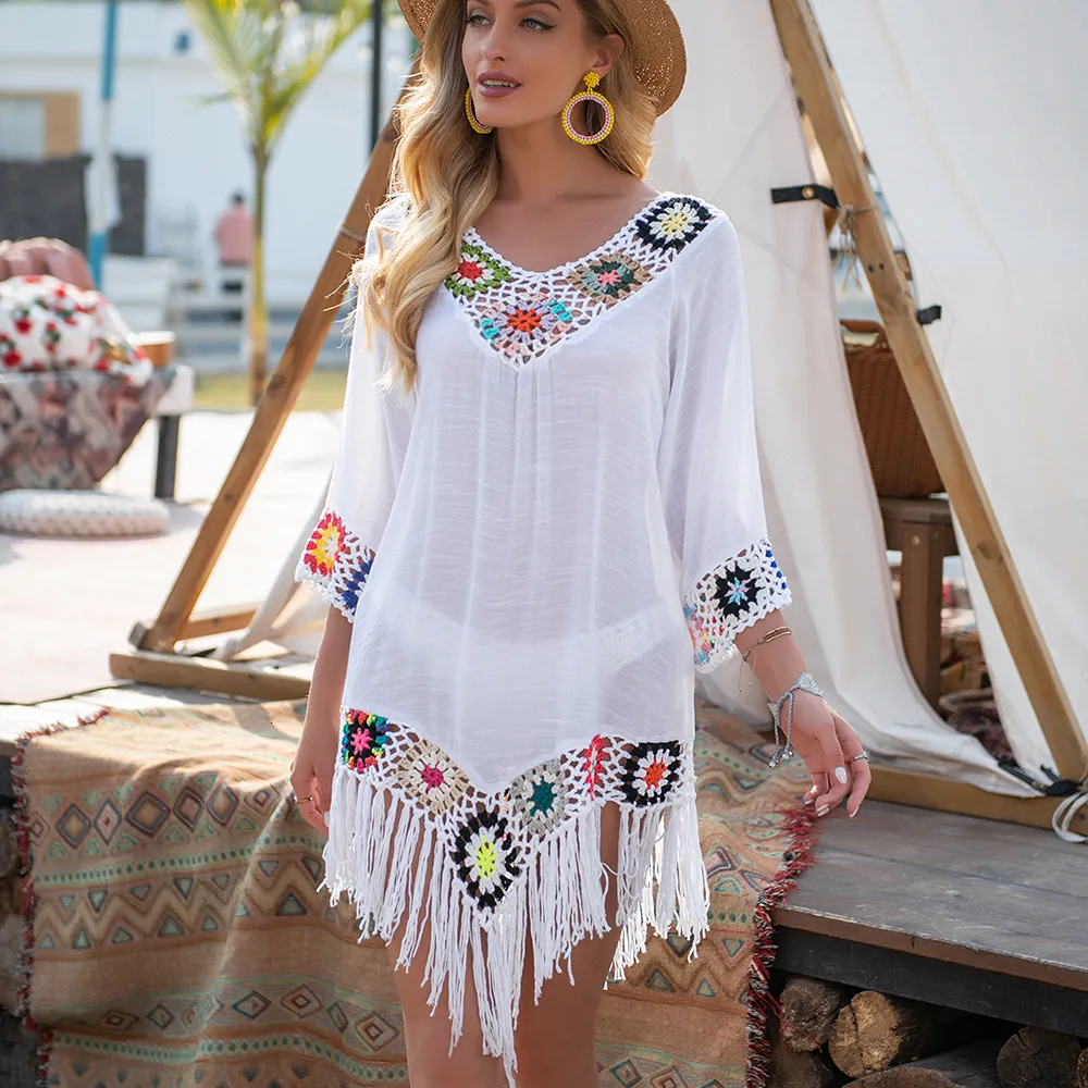 Casual Dresses CROCHET BIKINI White Bikini Cover Up With Fringe Trim Women Sexy Hollow Tunic Beach Dress Summer Bathing Suit Beachwear 230505