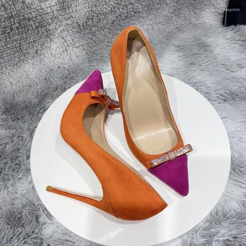 NoEnName_Null-sexy Orange Violet Bow Patchwork Femmes Flock Bout Pointu 8-12cm Talon Haut Faux Daim Élégant Escarpins Stiletto