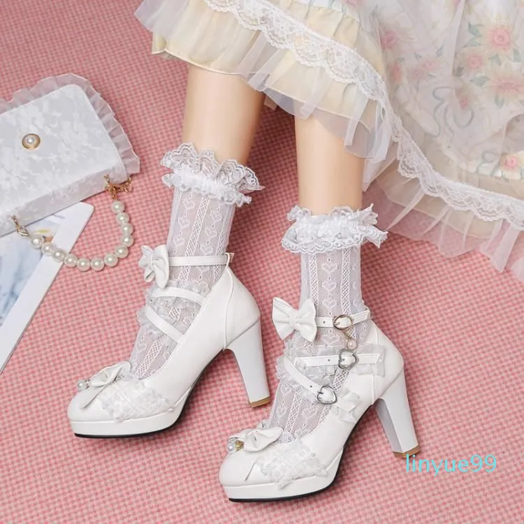 Dress Shoes Cevable Customized Women Sweet Bow Lolita Lace Candy Thick High Heels Single