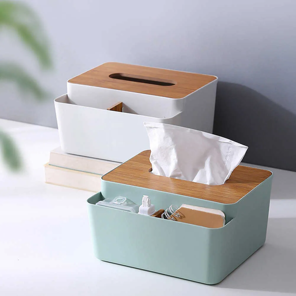 Taschentuchboxen Servietten Kunststoff Taschentuchbox Holzdeckel Tischpapier Fernbedienung Telefon Aufbewahrungsbox für Wohnzimmer Desktop Papierhandtuchkasten Organizer Z0505