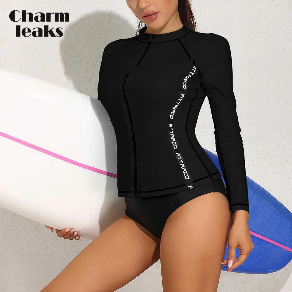 Combinaisons Combinaisons Étanches Charmleaks Femmes Rash Guard Fermeture Éclair Lettres Solides Col Ras Du Cou UPF 50 Surf Tops Manches Longues Séchage Rapide Doux Beachwear J230505