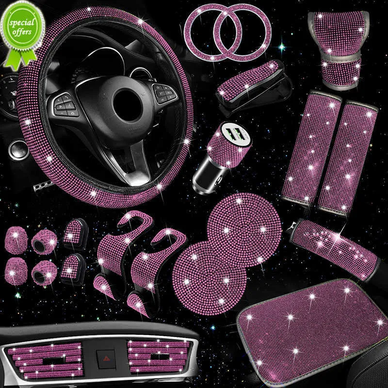 30Pcs Bling Car Accessories Set Rhinestone Steering Wheel Cover Gear Shifter Handbrake Cover Shoulder Armrest Pad Charger Vent Decor Strip