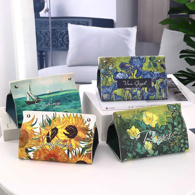 Tissue Boxes Napkins Ins Oil Painting Paper Box Leather Tissue Cover Car Creative Desktop Student Dormitory Office Storage for Living Room Bedroom Z0505