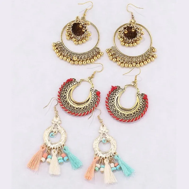 Ethnische indische Glocken Quaste Ohrringe Set für Frauen Bohemian Vintage Gold Metall geometrische Tropfen Ohrringe Jhumka Schmuck