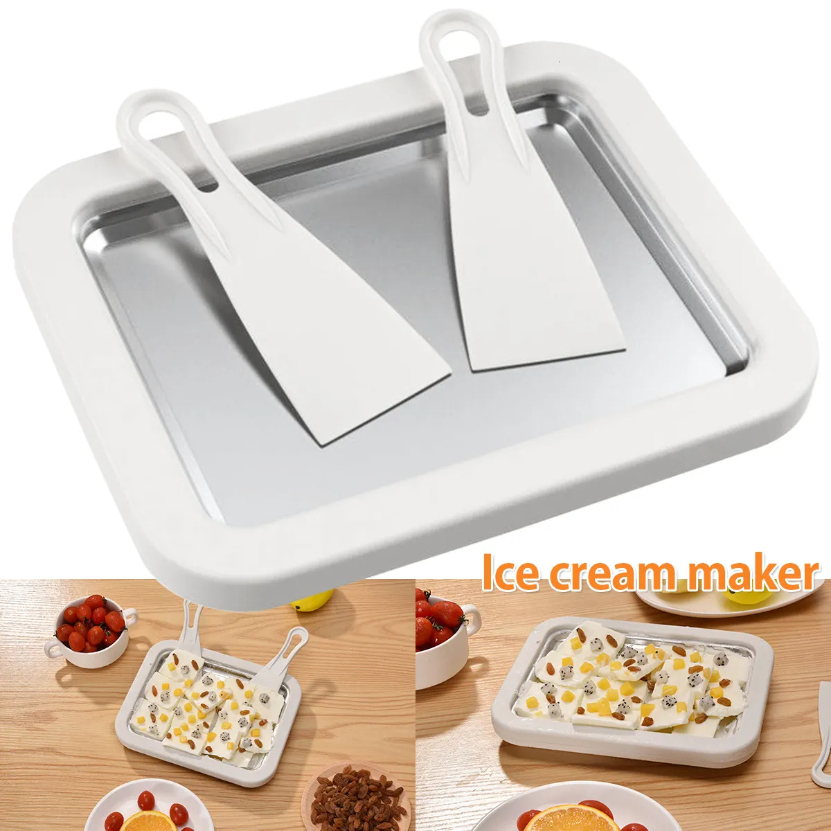 Ice Cream Gereedschap Roestvrij stalen ijsmakerplaat Gebakken yoghurtmachine Pan Huishouden Yoghurt Gebakken ijsbak DIY Mini Ice Tray met Scraper 230504