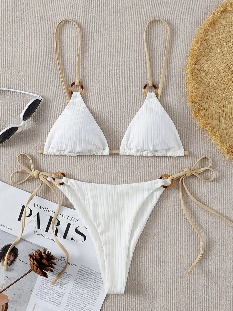 Two-piece Suits Sexy Bikini Set Cute White Ring Linked Triangle Tie Side Triangle Thong Biquini Swimsuit Swimwear Women Bathing Suit 230505