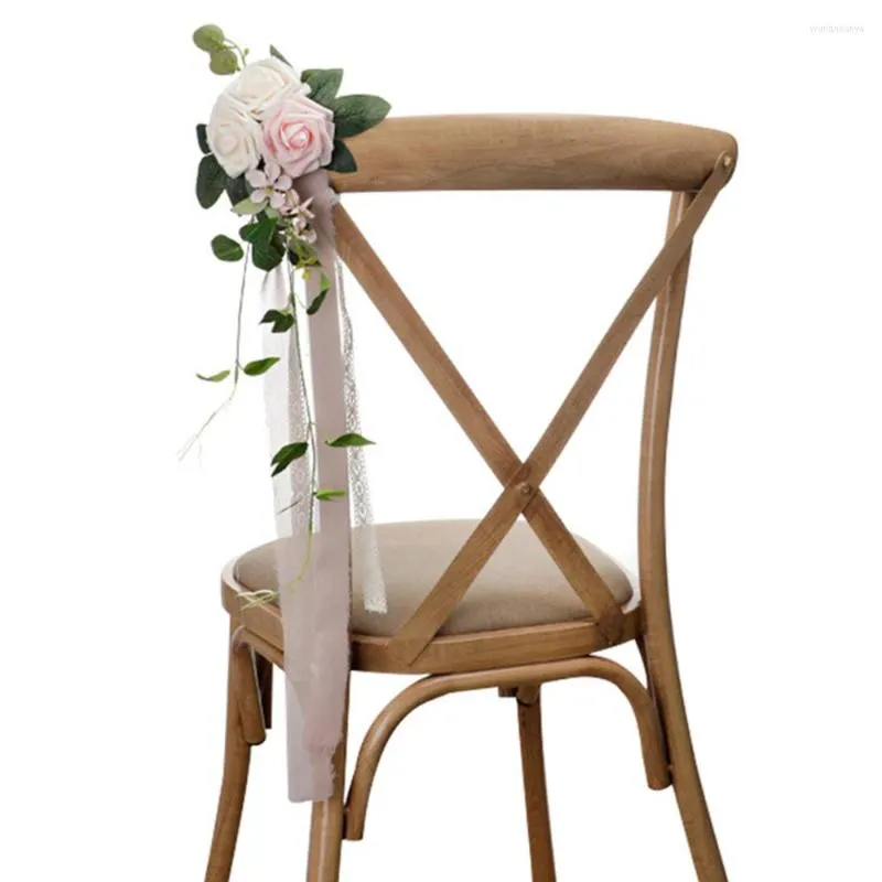 Flores decorativas Cadeira de fundo Flor Long Ribbon Tie 1pc pendurando layout de pano de seda para a simulação de decoração de festas do corredor de casamento