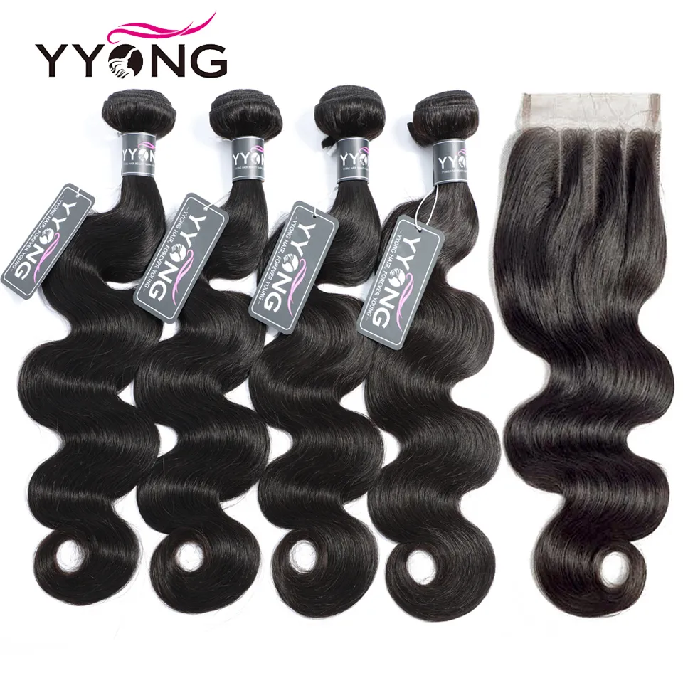 Pezzi di capelli Fasci di onde del corpo Yyong con chiusura Tessuto brasiliano 3/4 Pizzo 4x4 Remy Human 230505