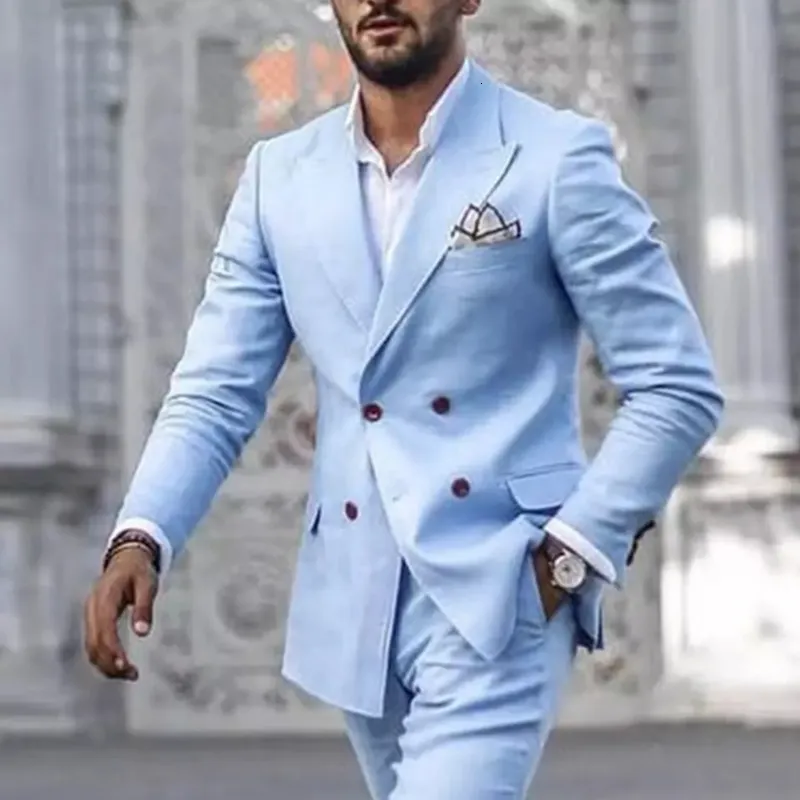 Men s Suits Blazers Sky Blue Double Breasted Wedding Suits for Men Groom Tuxedo Formal Two Piece Set Slim Fit Blazers Male Suit Costume Homme 230505