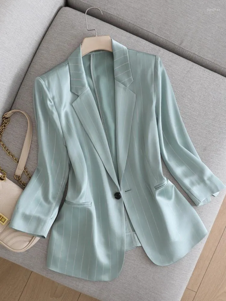 Women's Suits Summer Women's Suit Jacket Bright Silk Striped Imitation Triacetate Three-quarter Sleeve Thin Section Drape