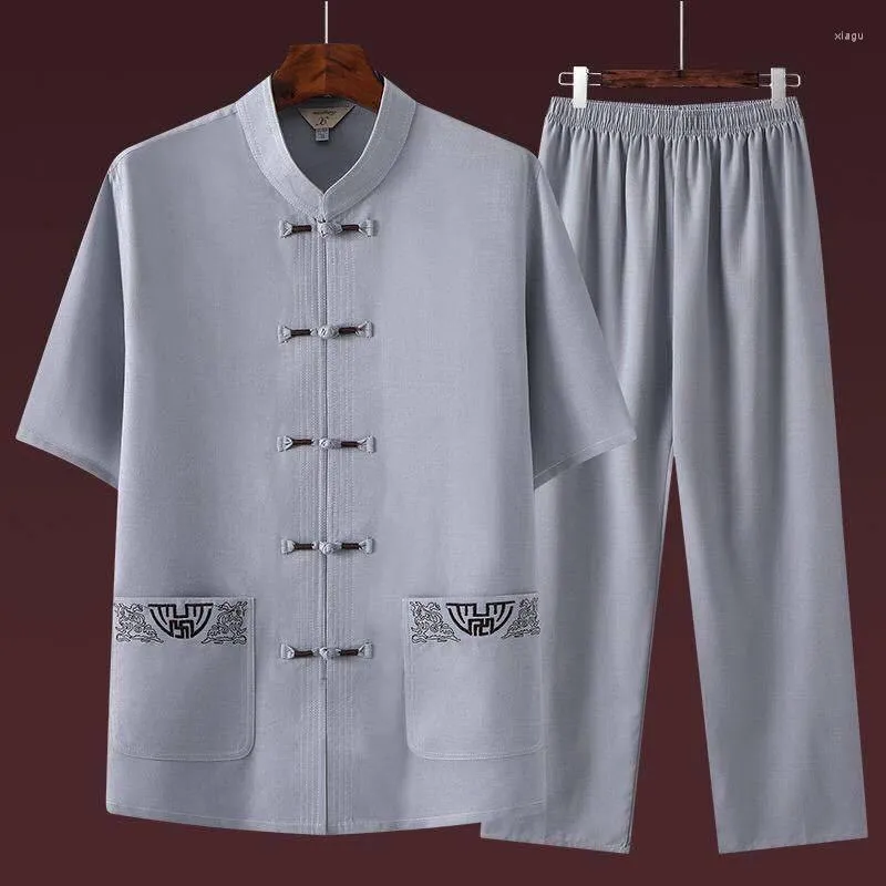 Abbigliamento etnico Set tradizionale cinese per uomo Uniformi Tai Chi per adulti Lino Manica corta Ricamo Costumi casual