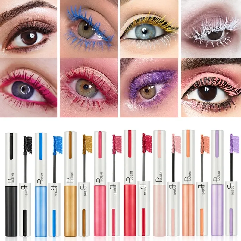 Pudaier Rainbow Colorful Mascara Professionell ögonmakeup Vattenfast Lätt att ta bort Punk Blå Vit Röd Svart Lila Förläng ögonfransar Färg Mascara