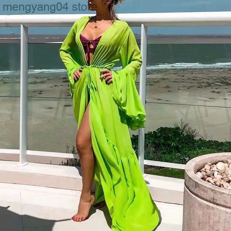 Women's Swimwear Casual Loose Female Swimming Cover Up Tops Oversized Solid Long Sleeve Beachwear Veil Dress Women Maxi Ruffle Patchwork Clothing T230505