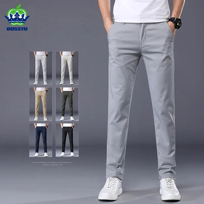 남성 팬츠 여름 캐주얼 남자 98%면화 단색 비즈니스 패션 슬림 핏 스트레치 회색 얇은 바지 남성 브랜드 의류 230504