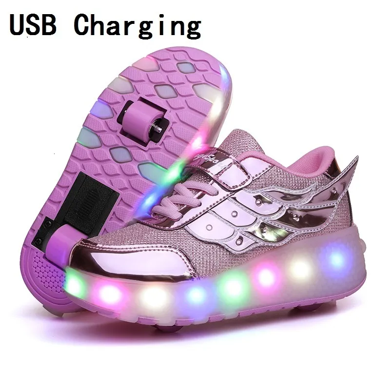 Första Walkers Children's One Wheel Two Wheel Glow Sports Shoes Gold Pink LED Light Roller Skating Shoes Children's LED -skor Pojkar och flickor USB laddar 230505