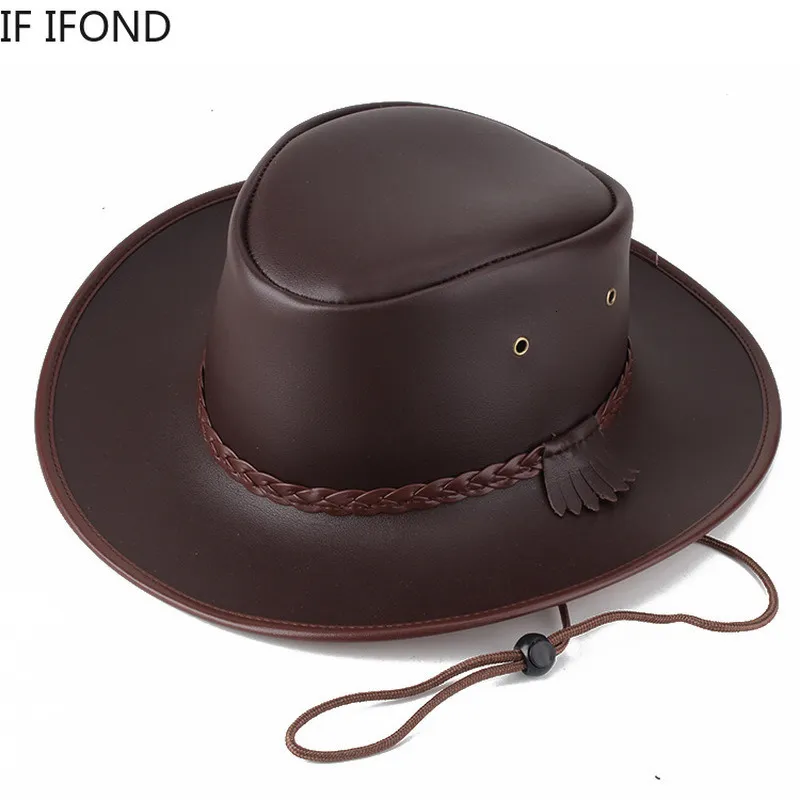 Breda randen hattar hink högkvalitativ män västra cowboy hatt faux läder gentleman jazz vintage cap höst vinter sombrero hombre kepsar 230504