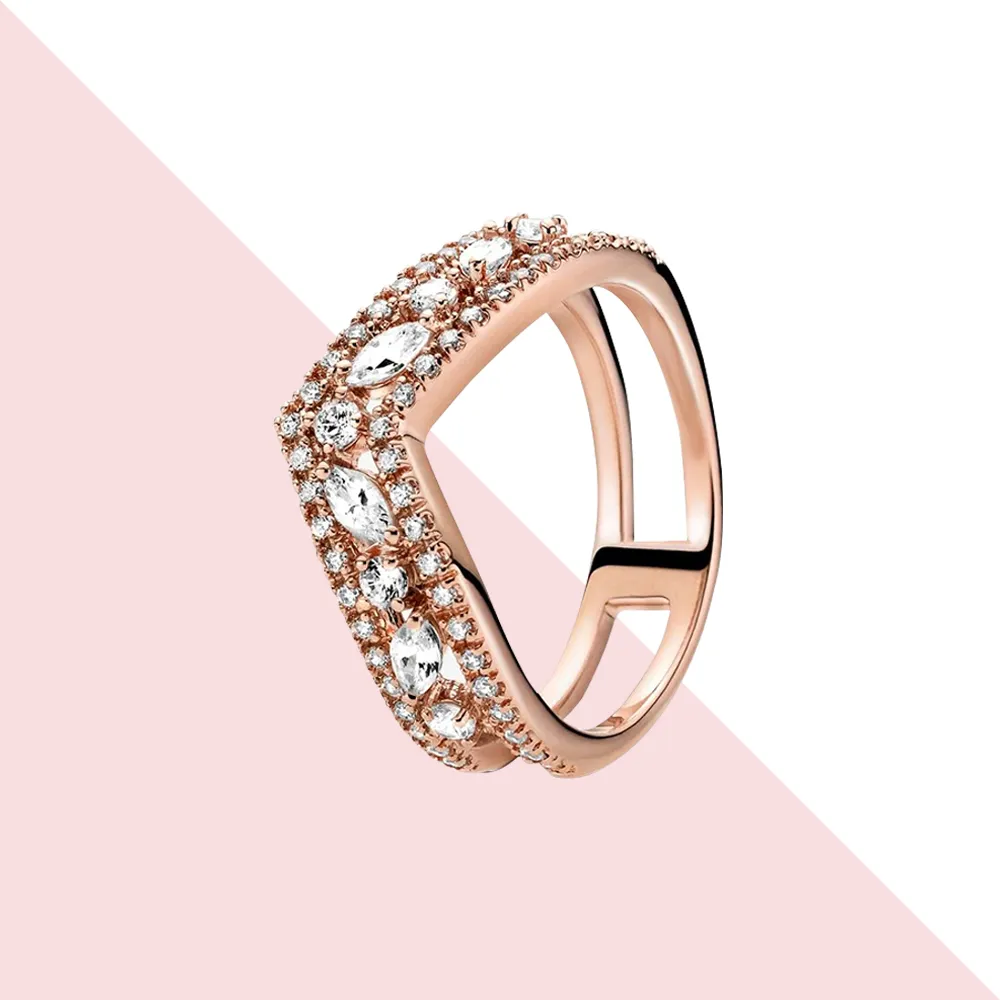 Anel Pandora de Prata Esterlina 925 O Anel Brilhante de Coração Duplo Original, Cristal de Casamento de Noivado Anel de Ouro Rosa Presente de Jóias de Luxo