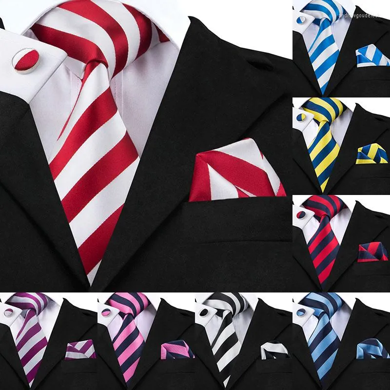Fliegen Hi-Tie Selling Weiß Rot Gestreifte Krawatte Einstecktuch Manschettenknöpfe Set Männer Seide Für Formale Hochzeit Business Party SN-242