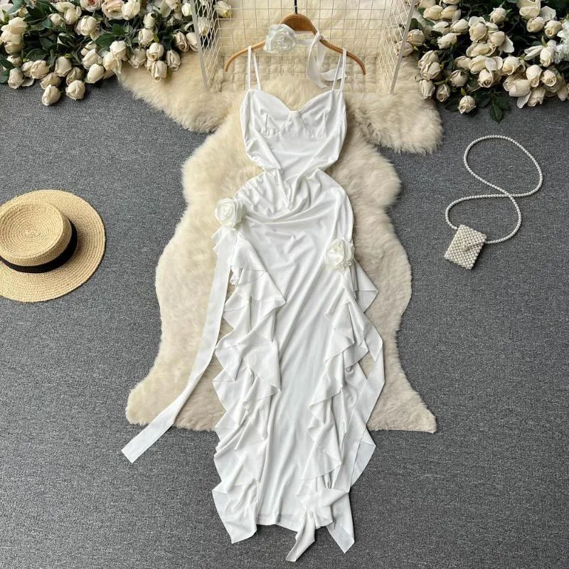 Casual Dresses Foamlina Sexy Women Summer Sling Dress White Black V Neck Sleeveless Backless Flowers Slim Ruffles Midi Party Irregular