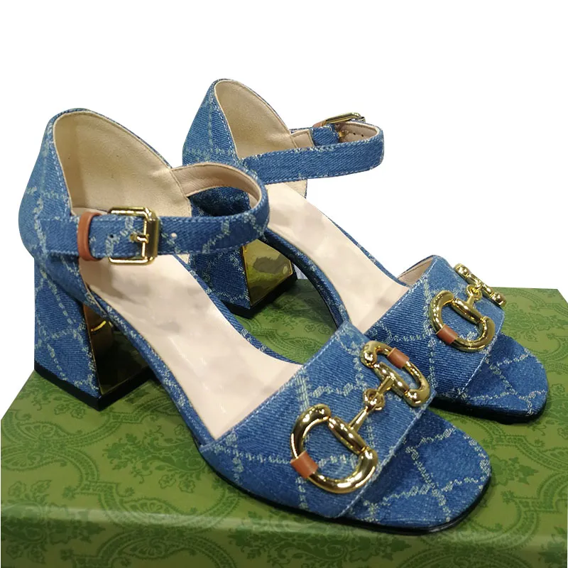 Tacones gruesos para mujer Sandalias de 7,5 cm Puntas cuadradas Ajustar hebilla de tobillo Zapatos de vestir con cadena Zapatos de boda Diseñador Zapatilla de mezclilla Zapato de ocio Clásico Azul Retro Verde