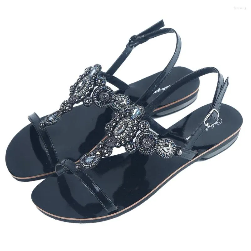 Sandals YUE JABON Women Boho Peep Toe Tribe Retro String Bead Female Heel Rhinestone Summer Slipper Lady Beach Casual Shoes