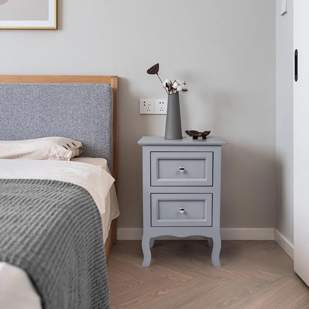 Nightstand Bedside Table with 2 Storage Drawers End Side for Bedroom Country Style Set of 2 Gray