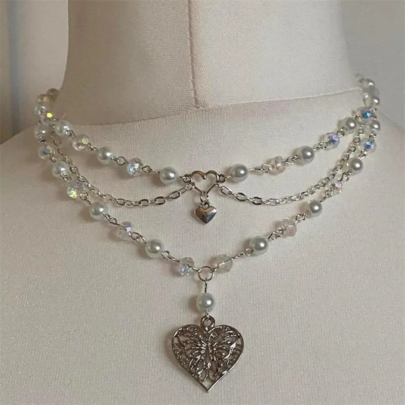 Pendanthalsband Pearls Butterfly Heart Fairycore Choker Y2K Pixie CottageCore Rosary 230504