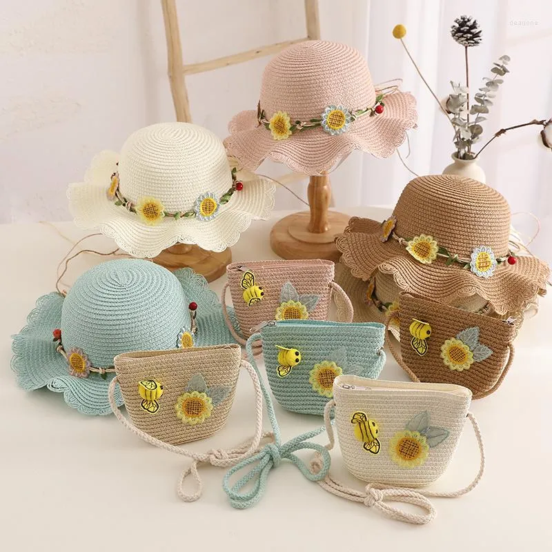 Hats Summer Straw Hat Torebka Zestaw Słonecznika Kwiatowe Słońce i torba 2PCS Travel Holiday Beach Cap for Baby Kids Princess