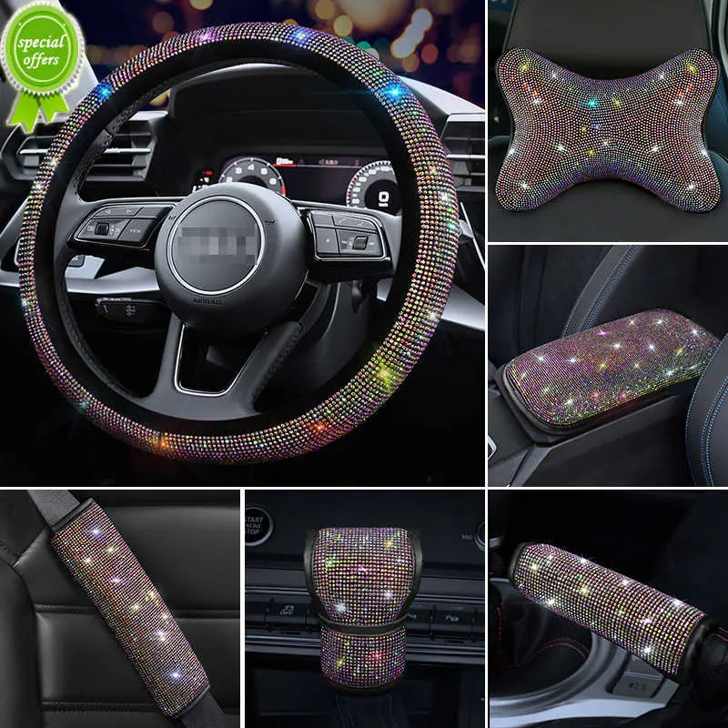 New 2022 PU Leather Car Steering Wheel Cover Set Diamond Pink Auto Wheel Covers Cases for Lady Girls Car Accessories for Woman