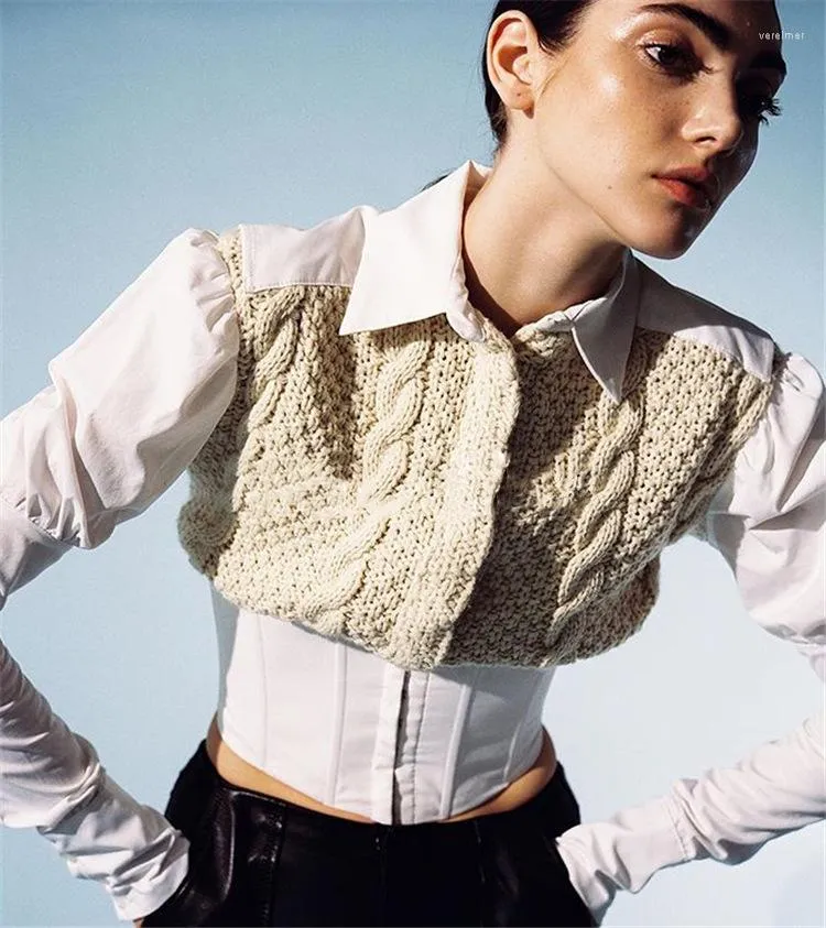 Women's Blouses 2023 Design Fall Spring Knitted Cotton Patchwork Shirt Women Fashion Puff Sleeve High Street Shirts Size XS-XL