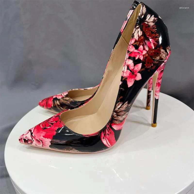 Dress Shoes 2023 Bloemprint Women Glossy Patent Floral Stiletto Pumps Pointy High Heel Chic Maat 34-45