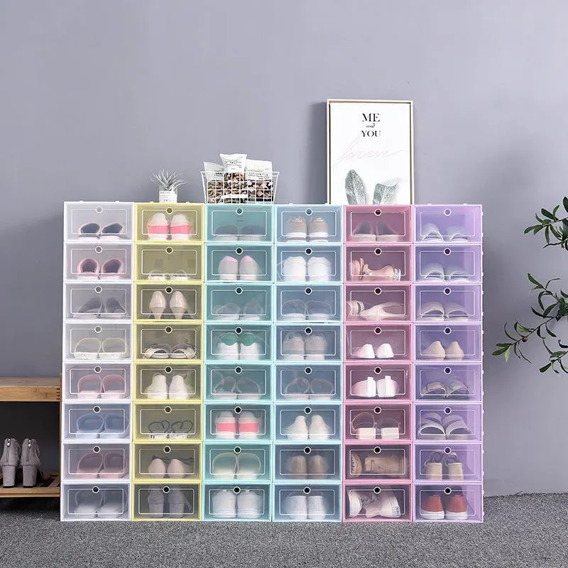 Candy Color Stackable Shoes Containers Case Clear Plastic Shoe Box Organizer Flip Transparent High Heels Boxes Dustproof Sneaker Storage