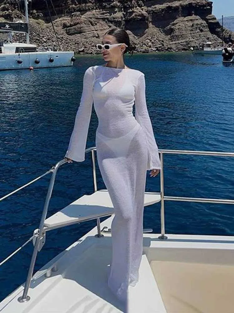 Menas de banho feminina Partema de verão Tirada malha encobrimento 2023 Novo barco branco pescoço elegante protetora solar de manga longa